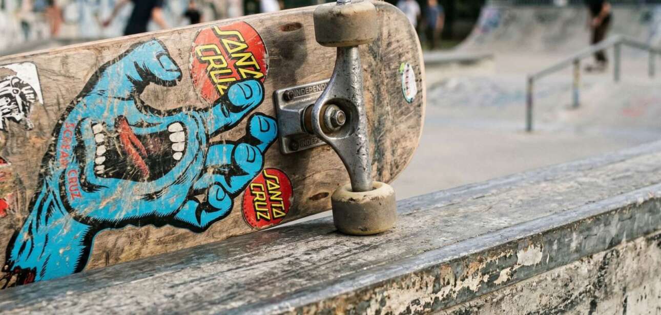 A sample close-up image of a skateboard resting on a ledge at the Camp Washington skatepark in Cincinnati.