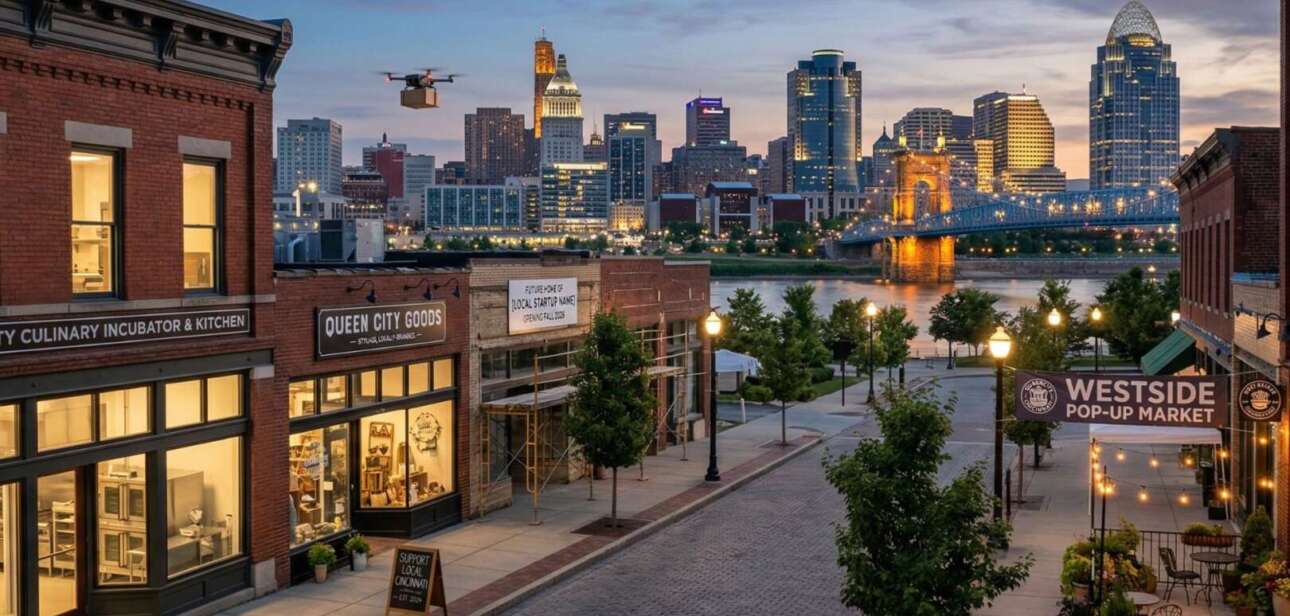 A vibrant Cincinnati streetscape featuring a community culinary incubator and local boutique storefronts against the city skyline at dusk, illustrating cincinnati small business growth and neighborhood revitalization.