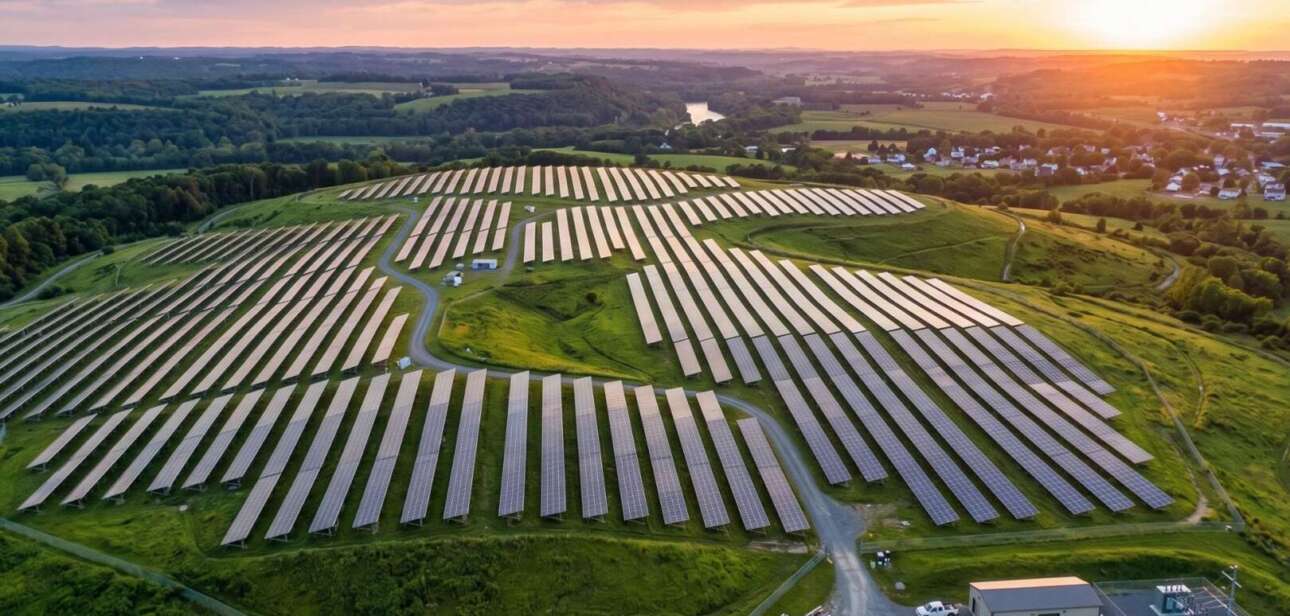 Aerial view of the Cincinnati solar project featuring thousands of solar panels in Winton Hills at sunset.