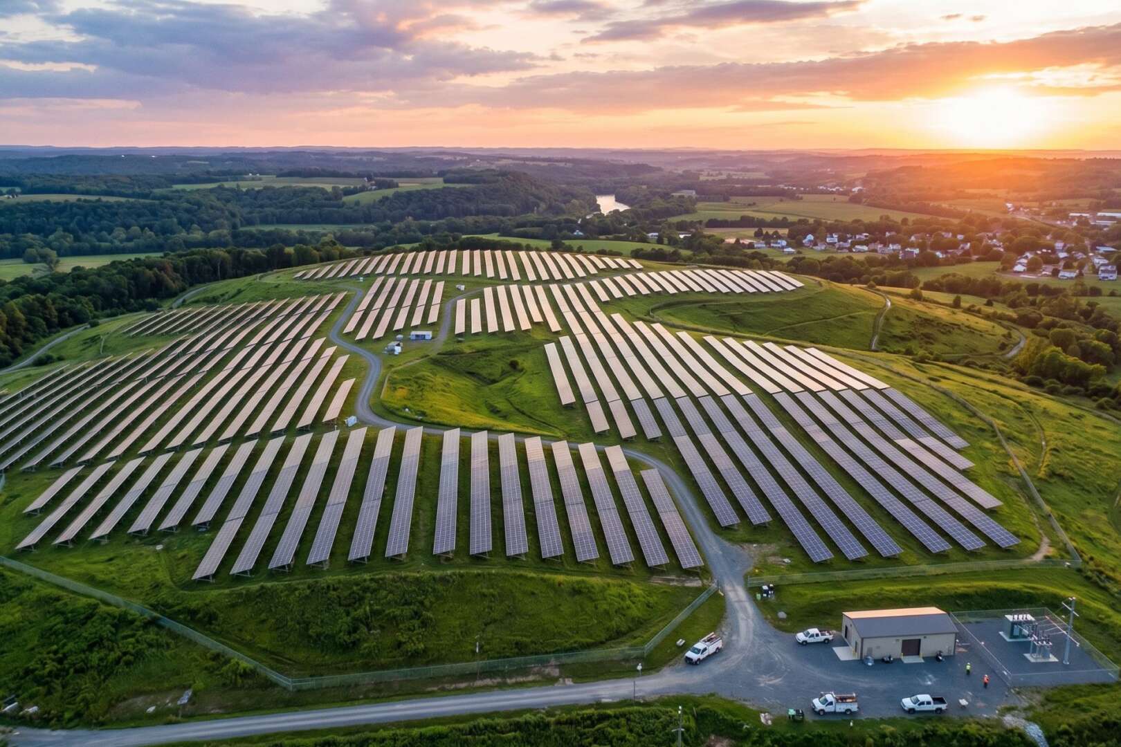 Aerial view of the Cincinnati solar project featuring thousands of solar panels in Winton Hills at sunset.