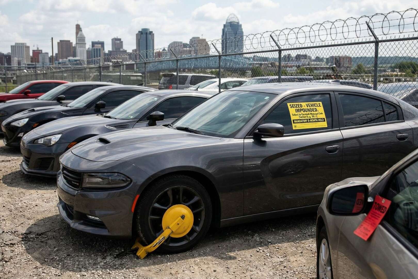 Row of impounded vehicles with a yellow wheel boot and seized window sticker in a fenced dirt lot, with the Cincinnati skyline in the background, representing proposed penalties for Cincinnati street takeovers.
