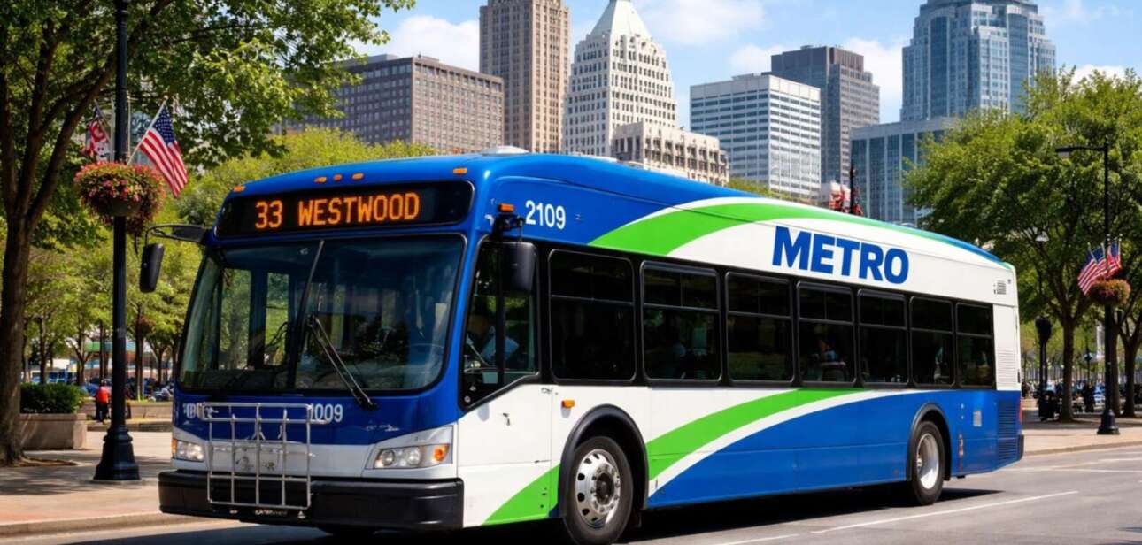 New digital transit signs displayed on a Cincinnati Metro bus traveling through downtown on the 33 Westwood route.