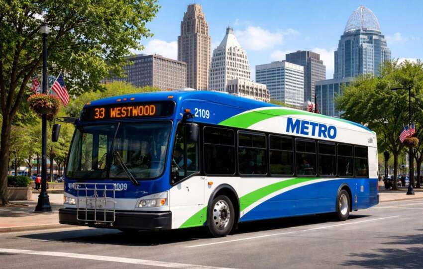 New digital transit signs displayed on a Cincinnati Metro bus traveling through downtown on the 33 Westwood route.