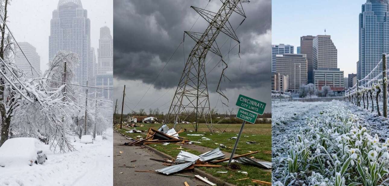 A three-panel collage of Cincinnati weather extremes in 2026: a heavy snow-covered city street during Winter Storm Fern, tornado damage to power lines near the Hamilton County line, and frost-covered spring crops against the city skyline.