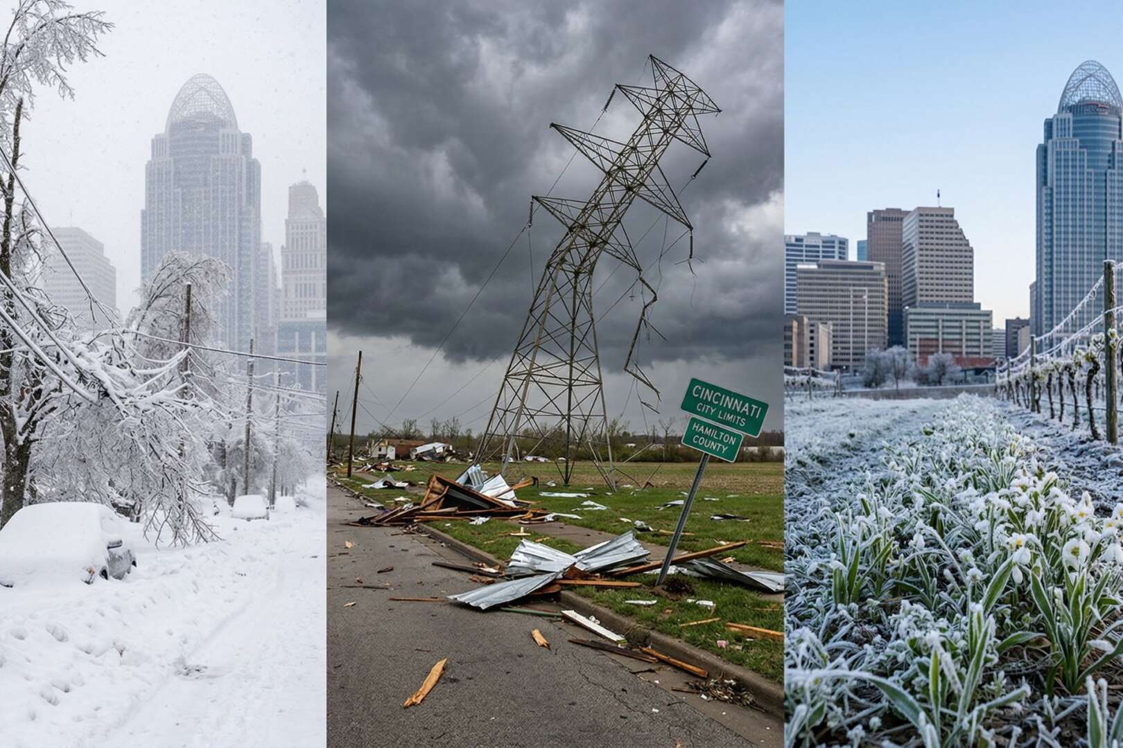 A three-panel collage of Cincinnati weather extremes in 2026: a heavy snow-covered city street during Winter Storm Fern, tornado damage to power lines near the Hamilton County line, and frost-covered spring crops against the city skyline.