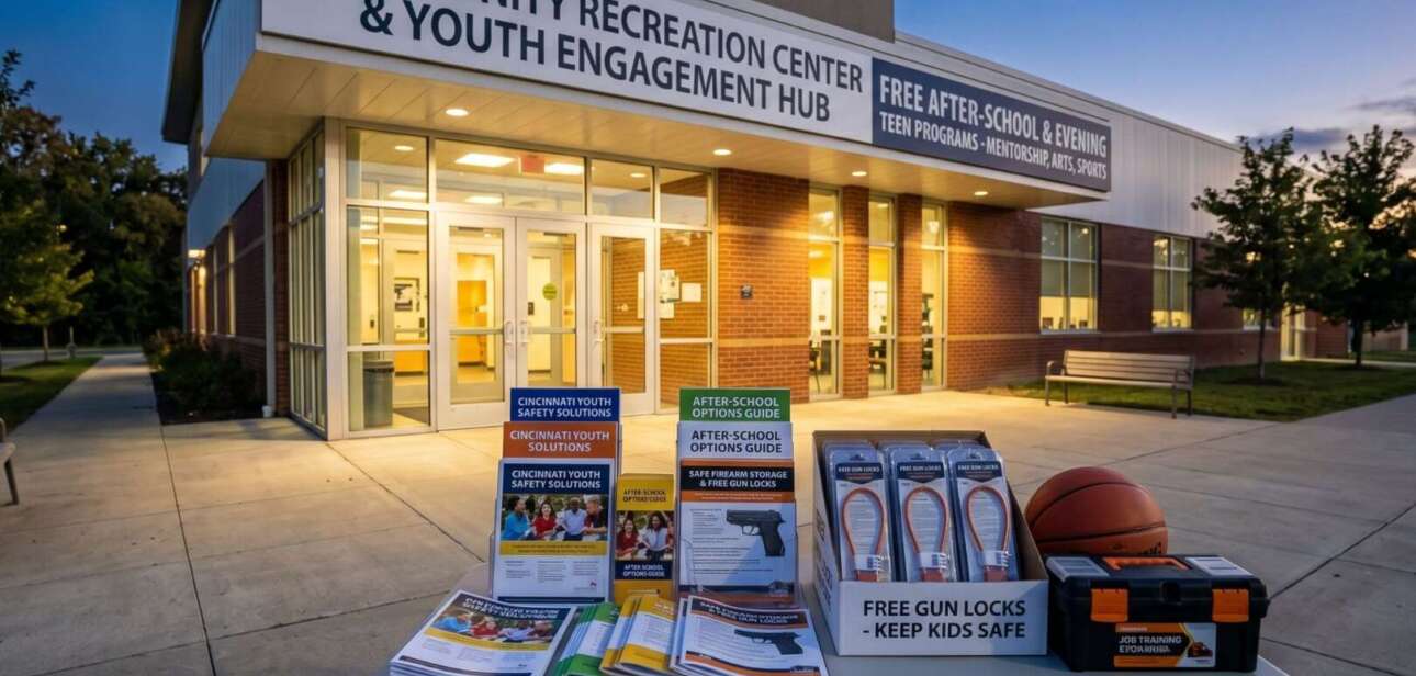 A table displaying Cincinnati youth safety pamphlets, after-school program guides, and free gun locks outside a brightly lit community recreation center at dusk.