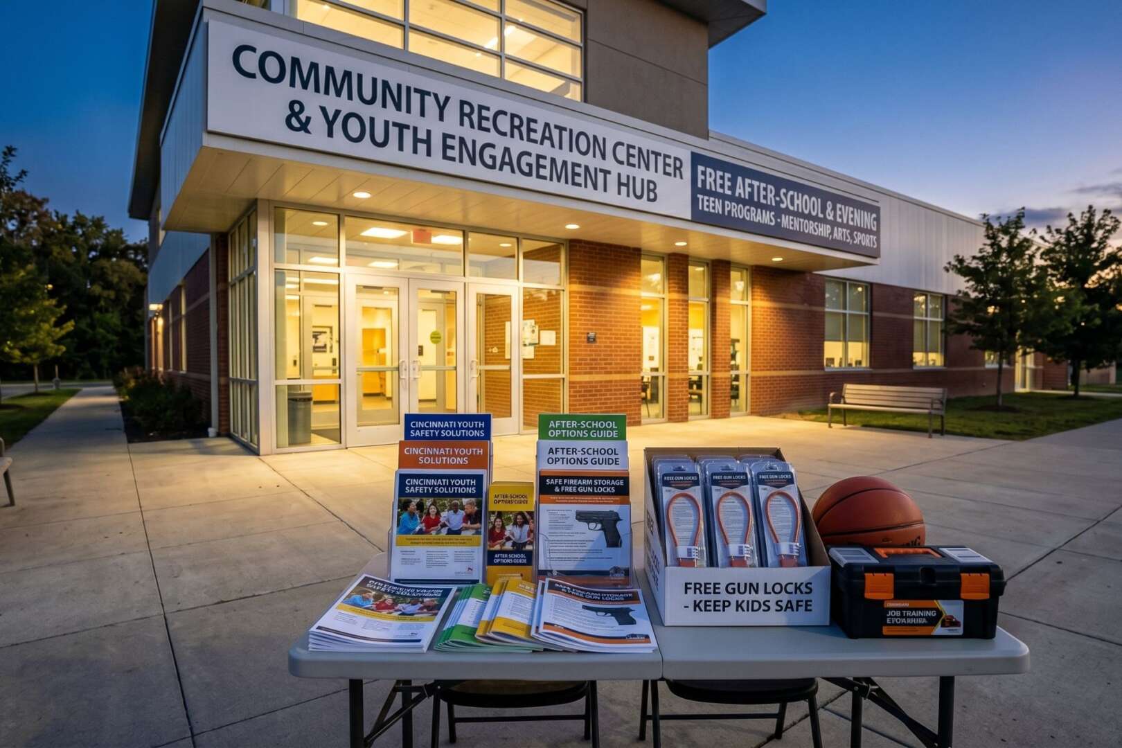 A table displaying Cincinnati youth safety pamphlets, after-school program guides, and free gun locks outside a brightly lit community recreation center at dusk.