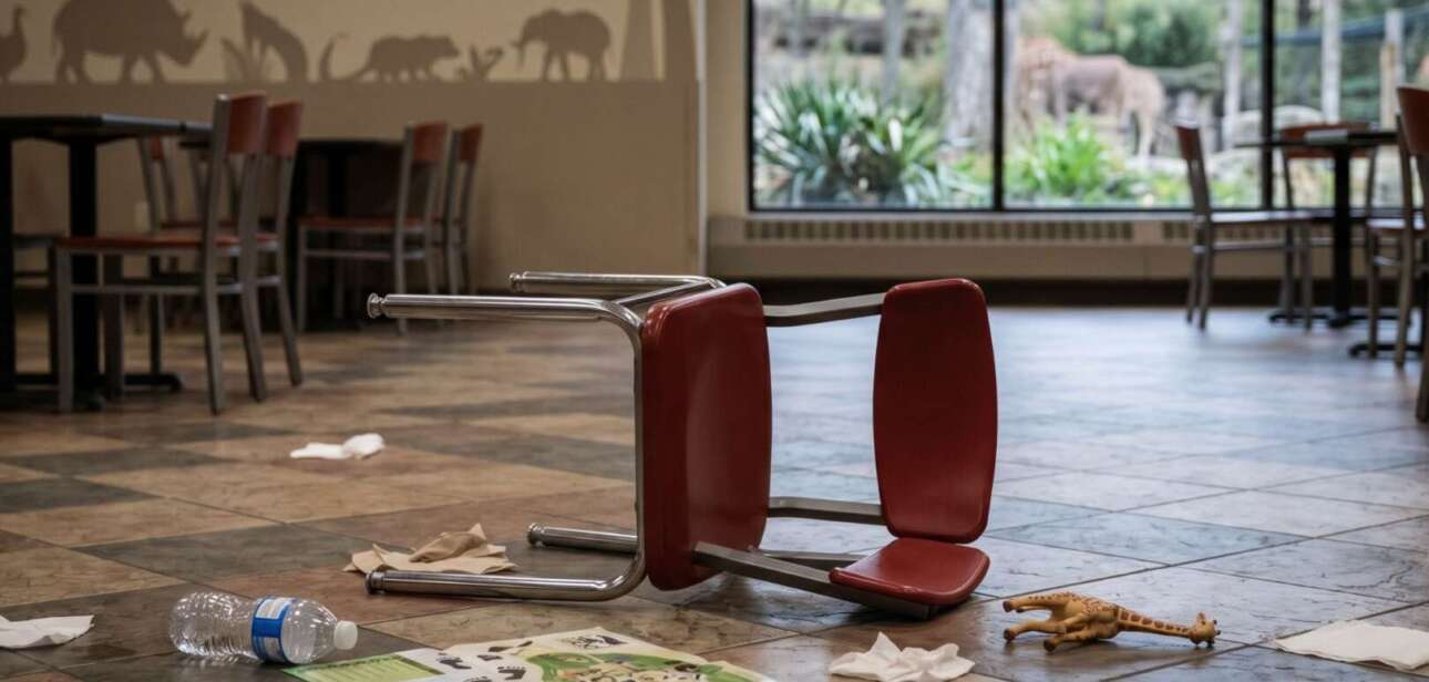 An overturned red chair and scattered debris on the floor of the Cincinnati Zoo cafeteria following a physical altercation.