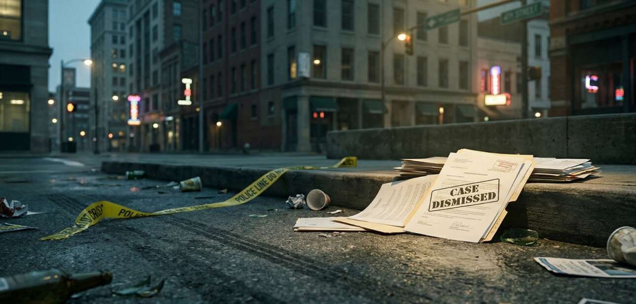 An urban street scene at twilight (dusk) showing torn yellow "POLICE LINE DO NOT CROSS" crime scene tape across grimy pavement and a stack of official-looking legal documents labeled with the text "CASE DISMISSED."