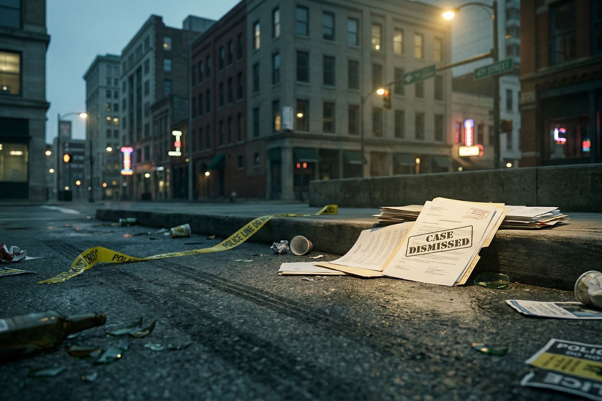 An urban street scene at twilight (dusk) showing torn yellow "POLICE LINE DO NOT CROSS" crime scene tape across grimy pavement and a stack of official-looking legal documents labeled with the text "CASE DISMISSED."