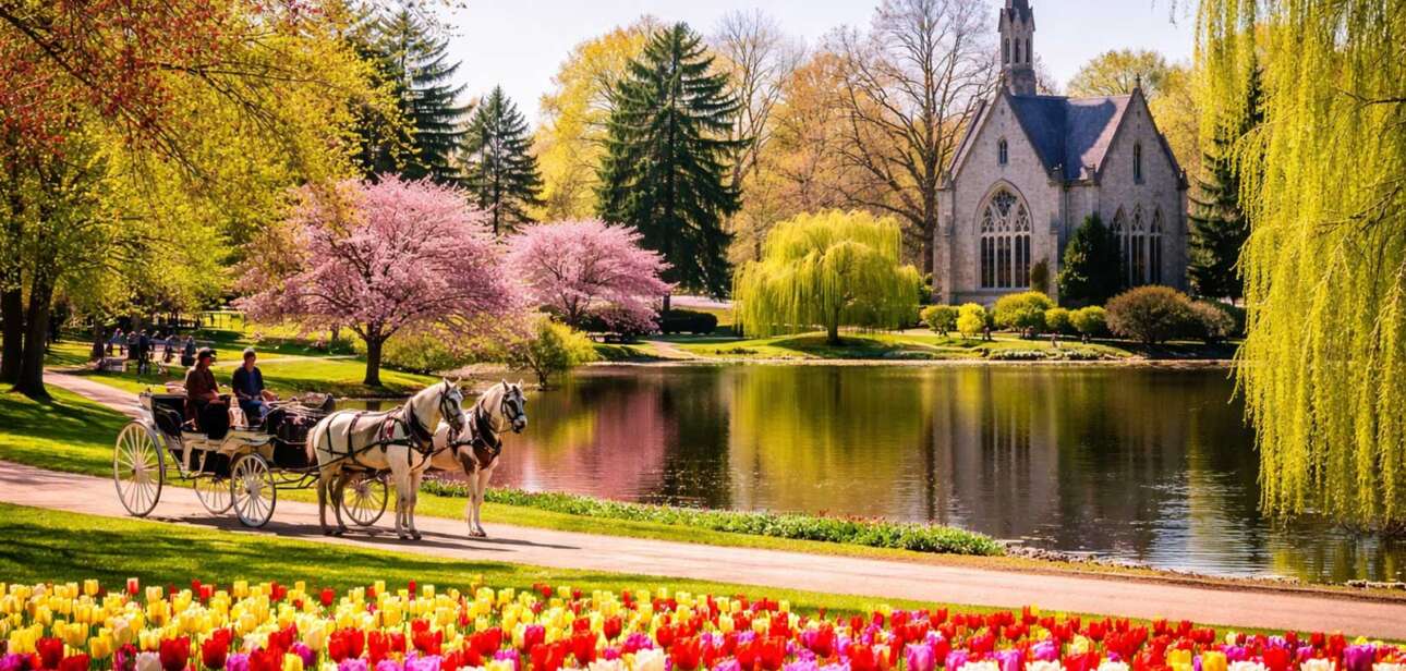 Horse-drawn carriage passing tulip blooms and chapel at Spring Grove Cemetery Arboretum in Cincinnati during spring