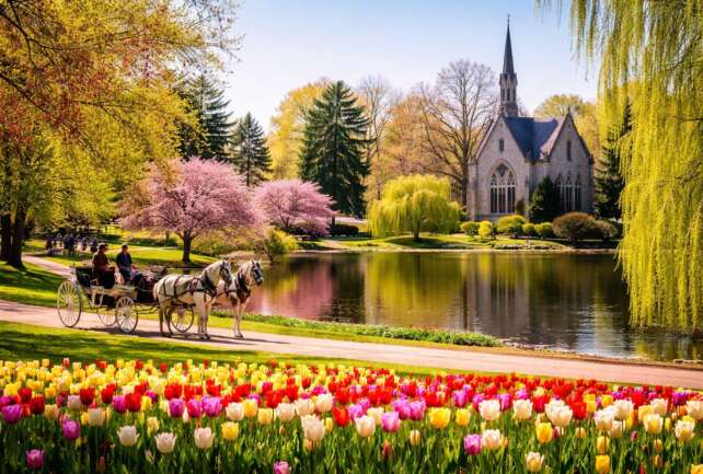 Horse-drawn carriage passing tulip blooms and chapel at Spring Grove Cemetery Arboretum in Cincinnati during spring