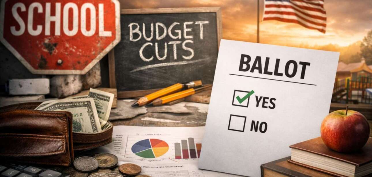 Ballot with school levy vote alongside budget documents, cash, and a school sign symbolizing education funding decisions