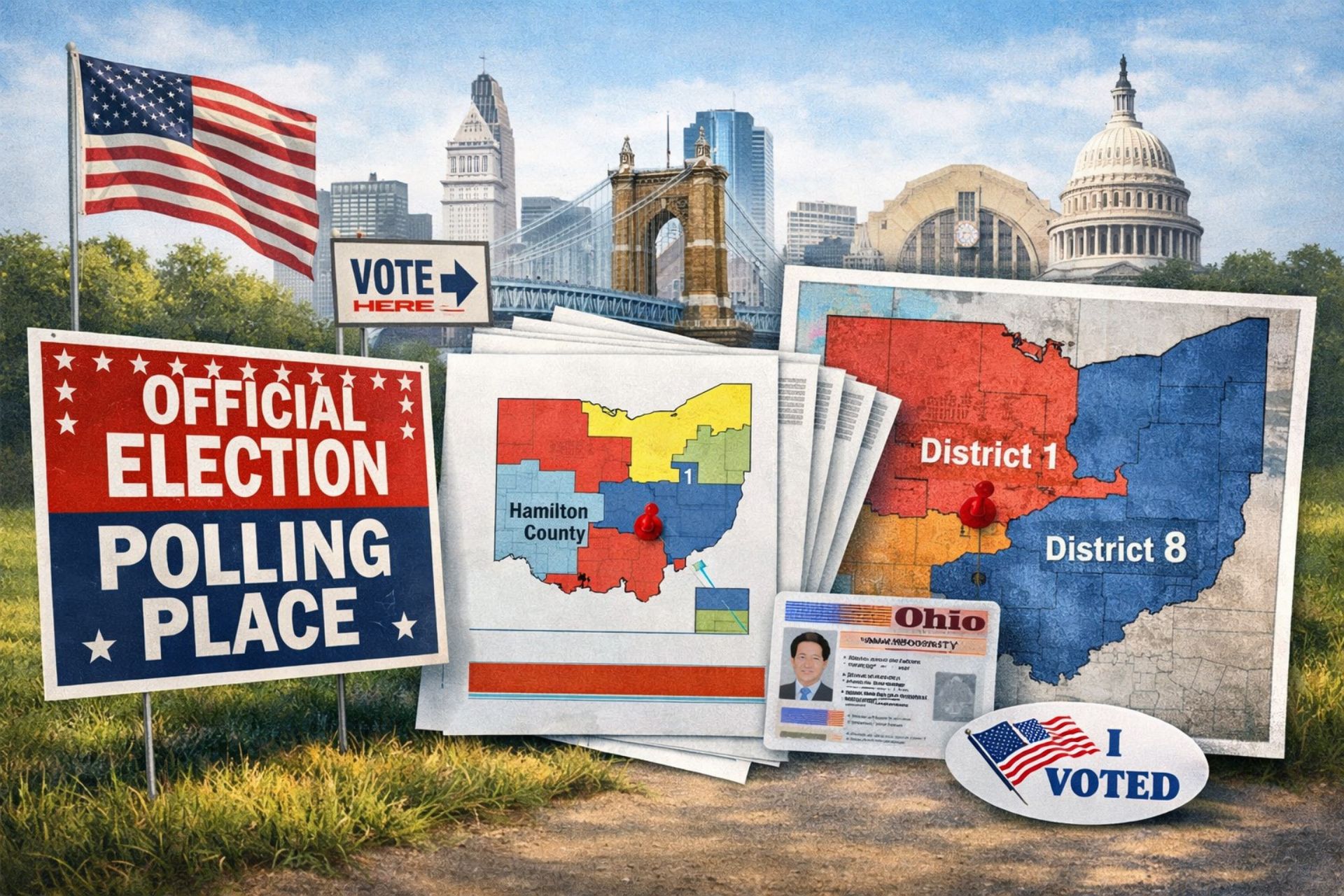 Election materials for Hamilton County voters, including an official polling place sign, an Ohio voter ID, and maps showing the new boundaries for Congressional Districts 1 and 8.
