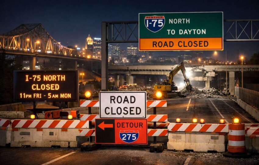 Road closed barricades and detour signs blocking traffic on Interstate 75 North toward Dayton during a weekend closure in Cincinnati.