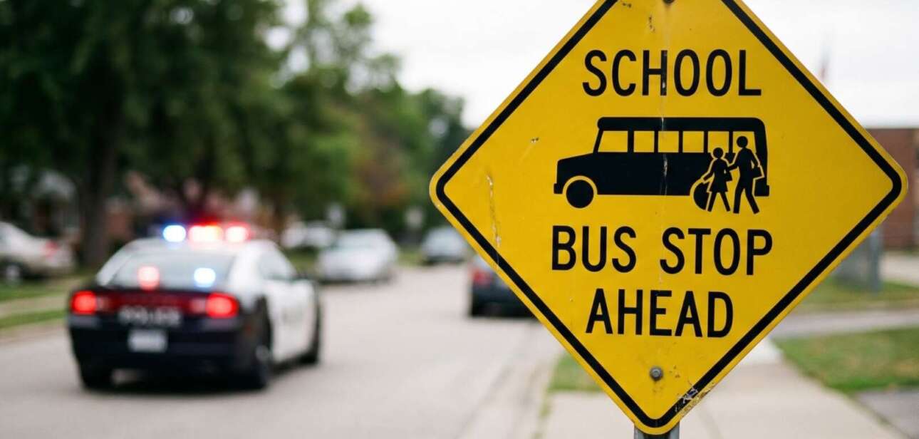 Yellow 'School Bus Stop Ahead' warning sign on a street with a police car in the background.