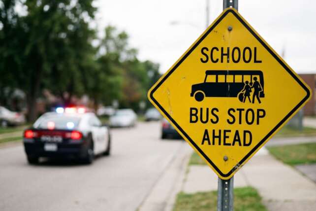 Yellow 'School Bus Stop Ahead' warning sign on a street with a police car in the background.