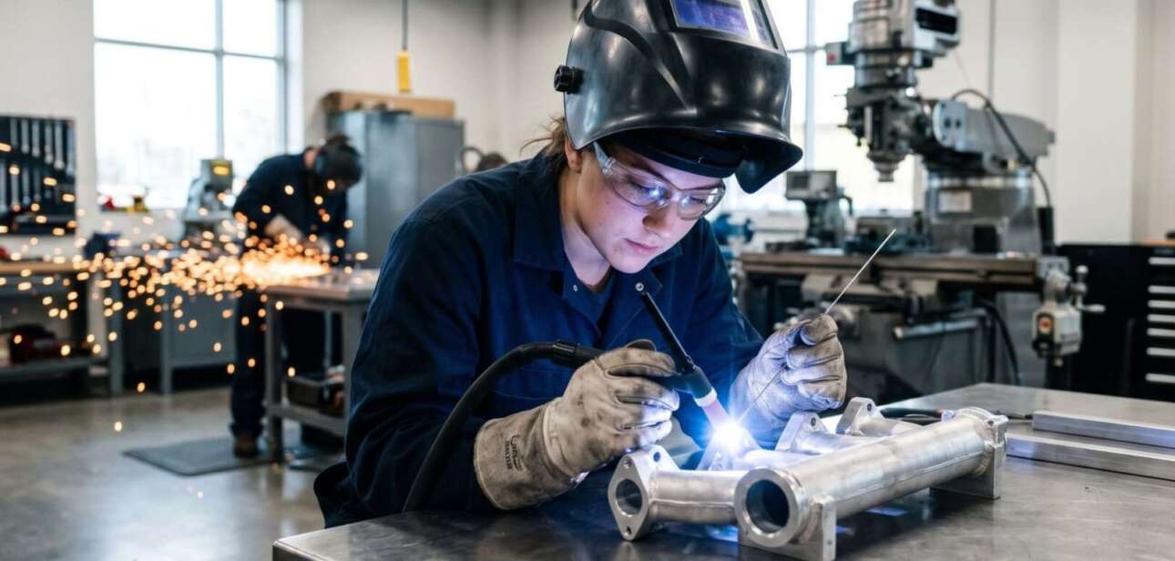 A young worker wearing safety gear performs precision welding in a bright, high-tech job training lab.