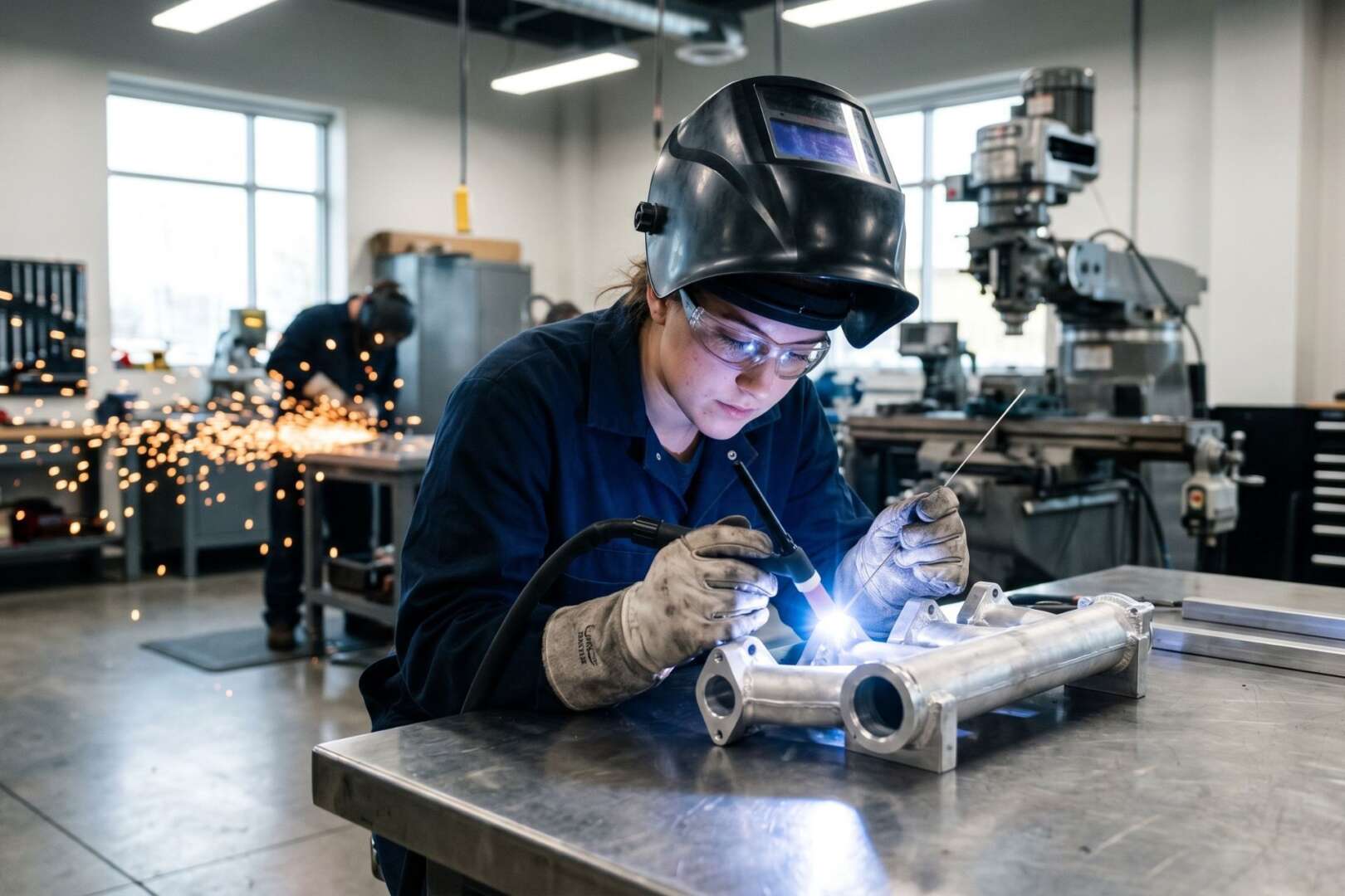 A young worker wearing safety gear performs precision welding in a bright, high-tech job training lab.