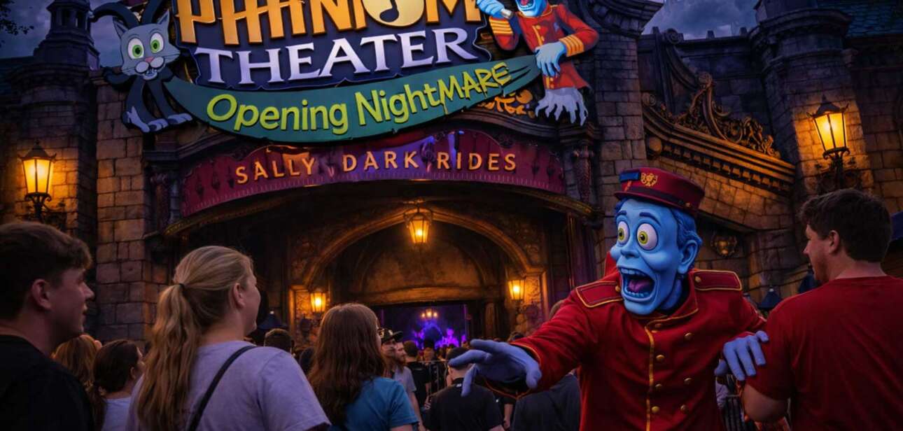Phantom Theater Kings Island ride entrance with gothic facade, stormy lighting effects, and guests lining up on opening day