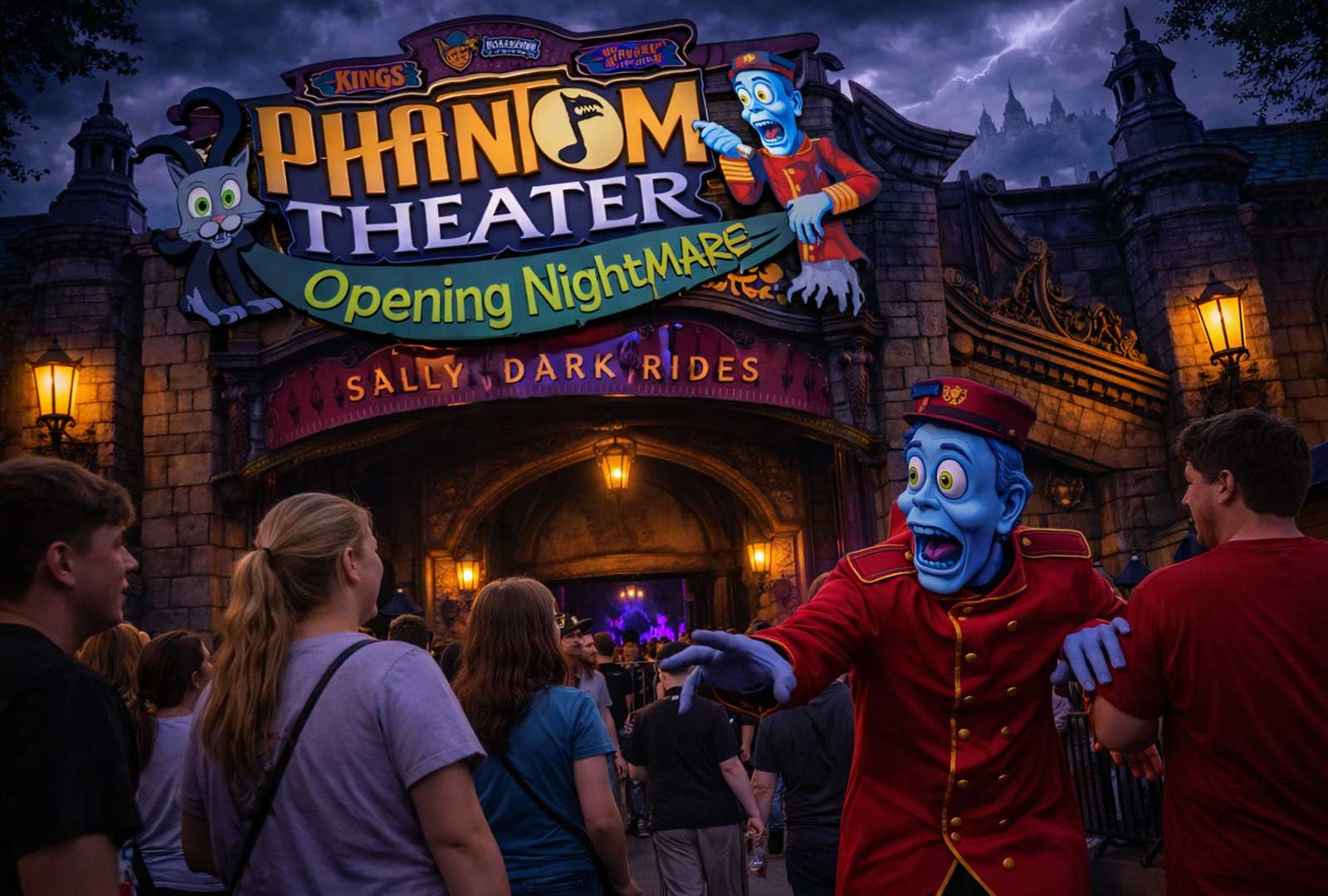 Phantom Theater Kings Island ride entrance with gothic facade, stormy lighting effects, and guests lining up on opening day