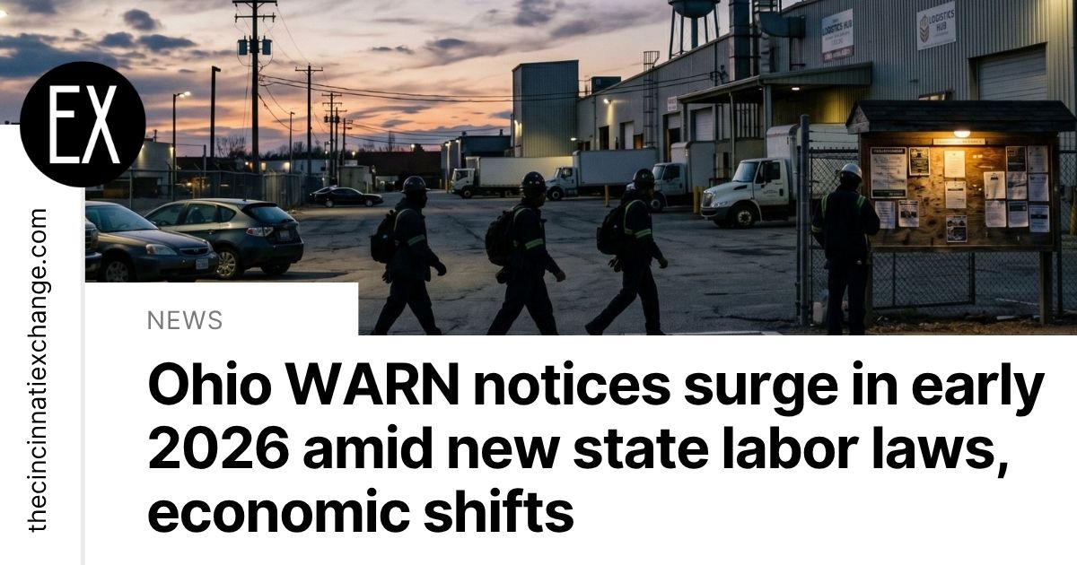 A graphic chart titled 'March 2026 Ohio Layoffs WARN Notices' showing company names and worker counts affected by mass layoffs and plant closings in Ohio.