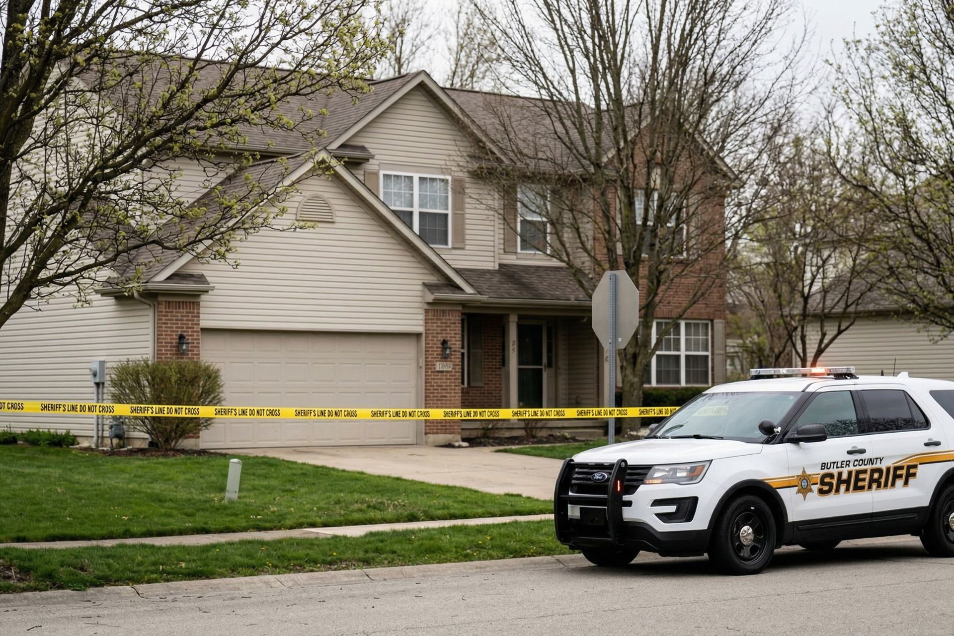 A Butler County Sheriff’s Office SUV parked in front of a suburban house in Liberty Township cordoned off with yellow crime scene tape for a murder-suicide investigation.