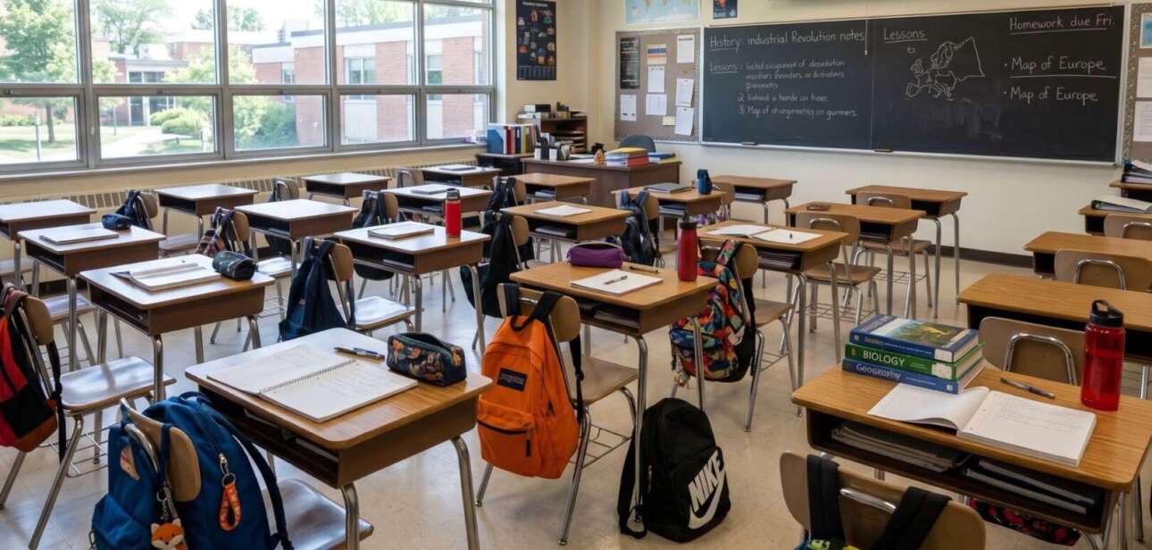 Empty school classroom with wooden desks and backpacks, illustrating Ohio’s statewide attendance dashboard launch.