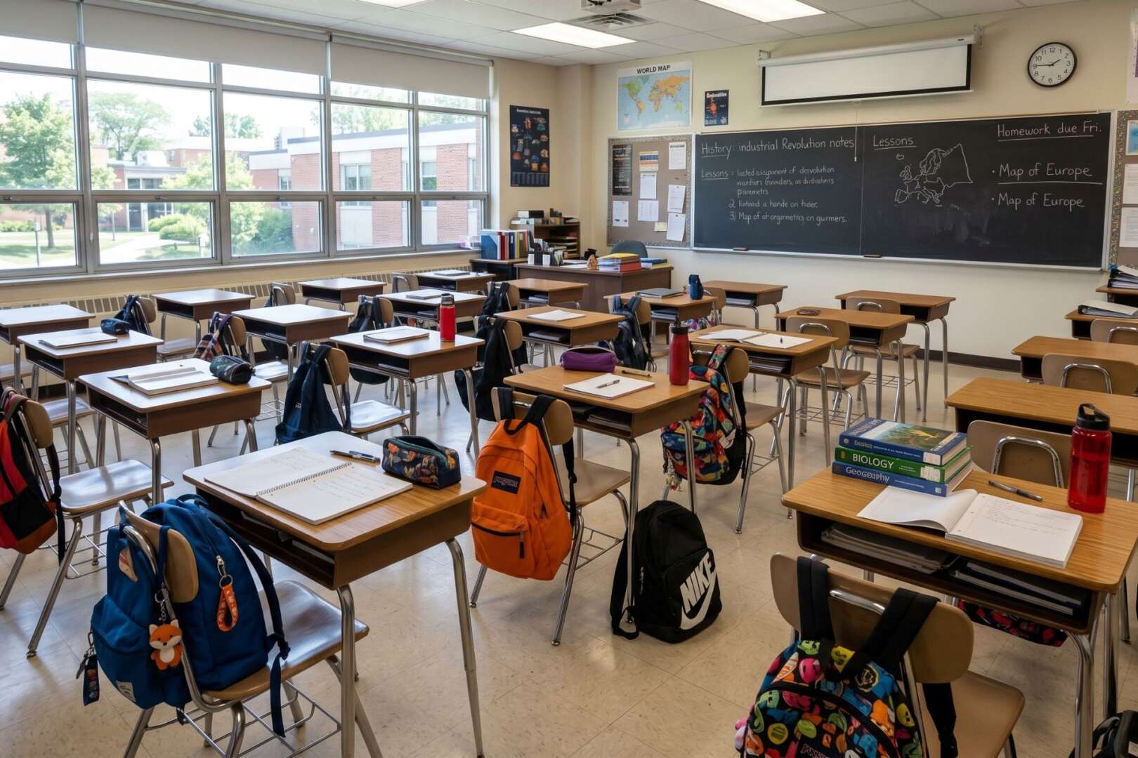 Empty school classroom with wooden desks and backpacks, illustrating Ohio’s statewide attendance dashboard launch.