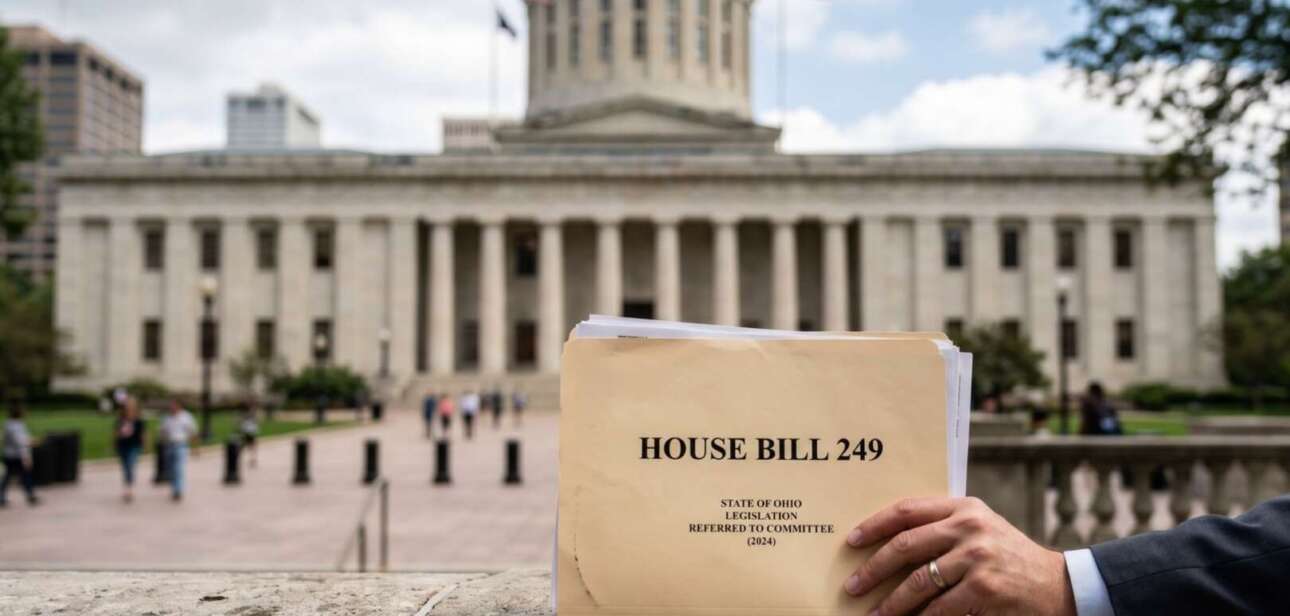 A hand holding a manila folder labeled "HOUSE BILL 249" in front of the Ohio Statehouse building.
