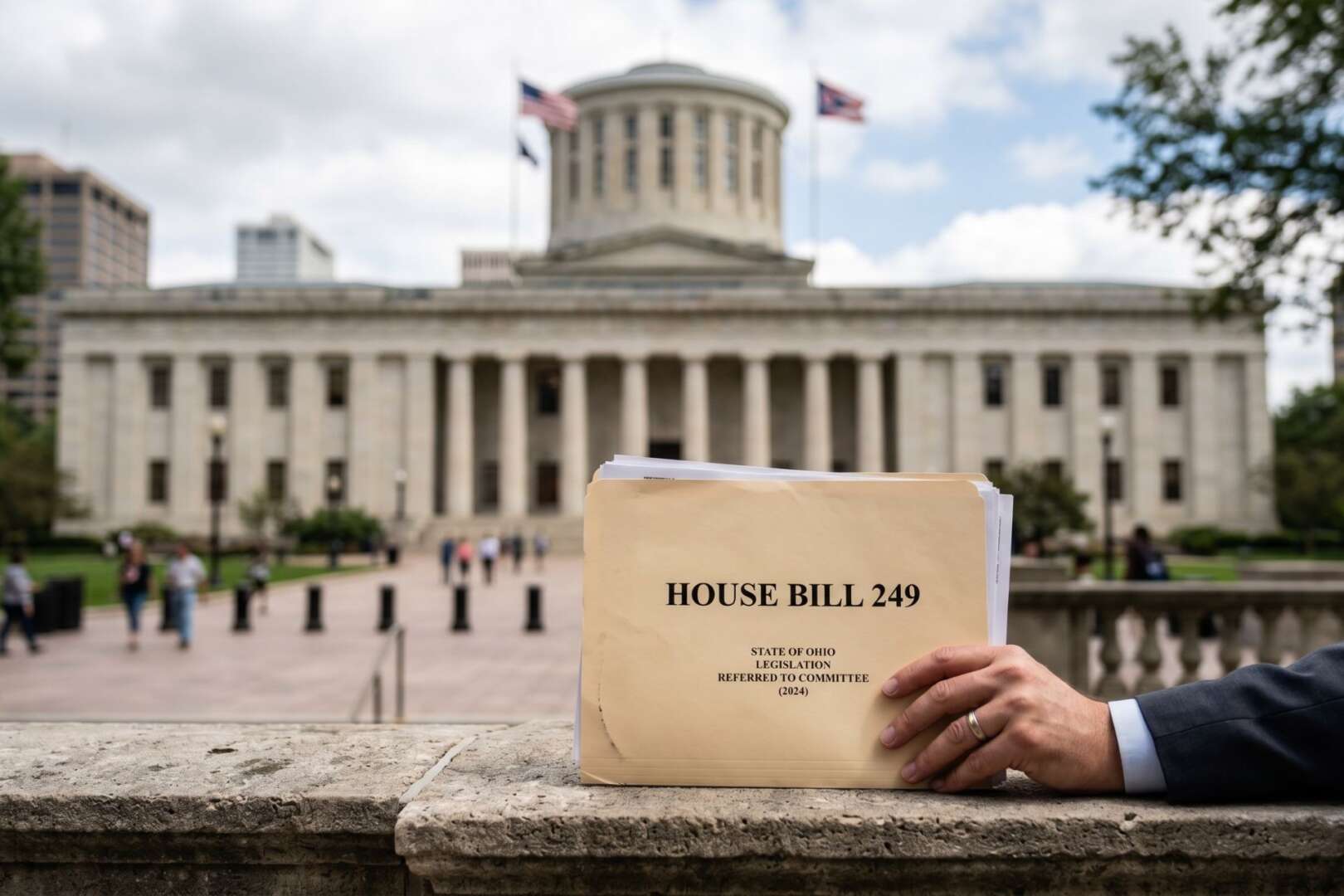 A hand holding a manila folder labeled "HOUSE BILL 249" in front of the Ohio Statehouse building.