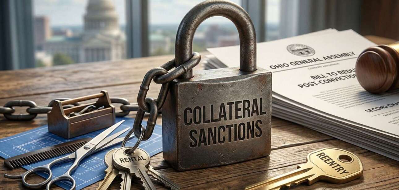 A large metal padlock labeled "Collateral Sanctions" next to a gold key labeled "Reentry" on a desk with Ohio General Assembly documents and a capitol dome background.