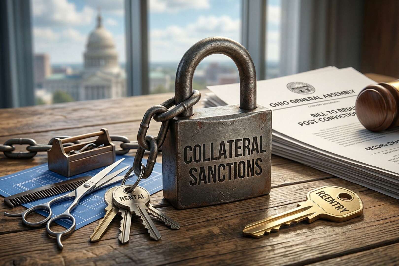 A large metal padlock labeled "Collateral Sanctions" next to a gold key labeled "Reentry" on a desk with Ohio General Assembly documents and a capitol dome background.