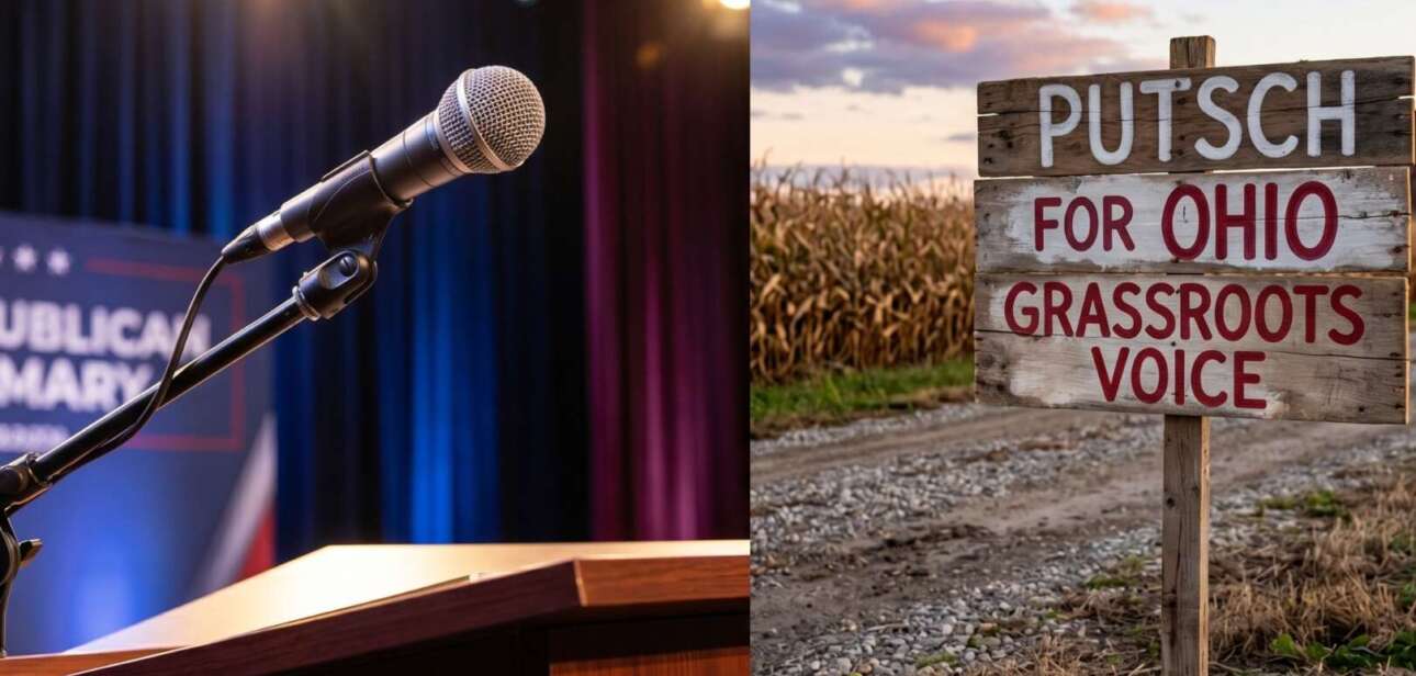 Split image of a political rally podium microphone and a "Putsch for Ohio Grassroots Voice" campaign sign during the Ohio GOP primary.