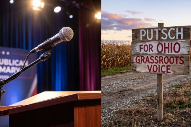 Split image of a political rally podium microphone and a "Putsch for Ohio Grassroots Voice" campaign sign during the Ohio GOP primary.