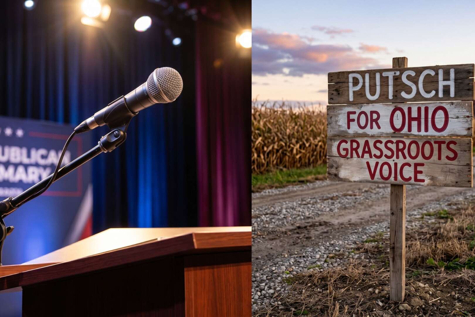 Split image of a political rally podium microphone and a "Putsch for Ohio Grassroots Voice" campaign sign during the Ohio GOP primary.