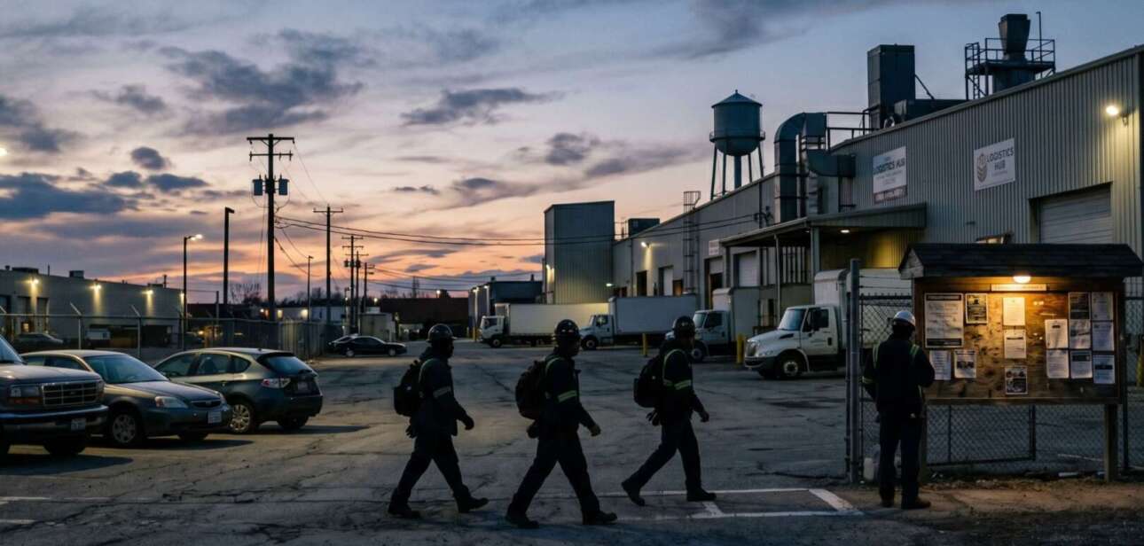 Industrial workers in silhouette at an Ohio warehouse during dawn, illustrating 2026 WARN notice layoffs.