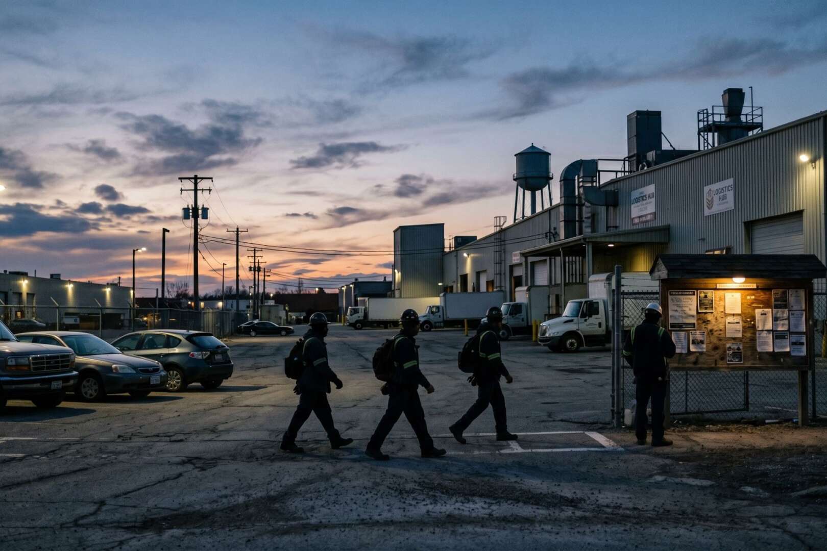 Industrial workers in silhouette at an Ohio warehouse during dawn, illustrating 2026 WARN notice layoffs.