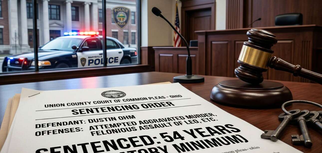 Sentencing order for Dustin Ohm showing a 54-year mandatory minimum sentence next to a judge's gavel, with a Marysville police cruiser visible through a courthouse window.