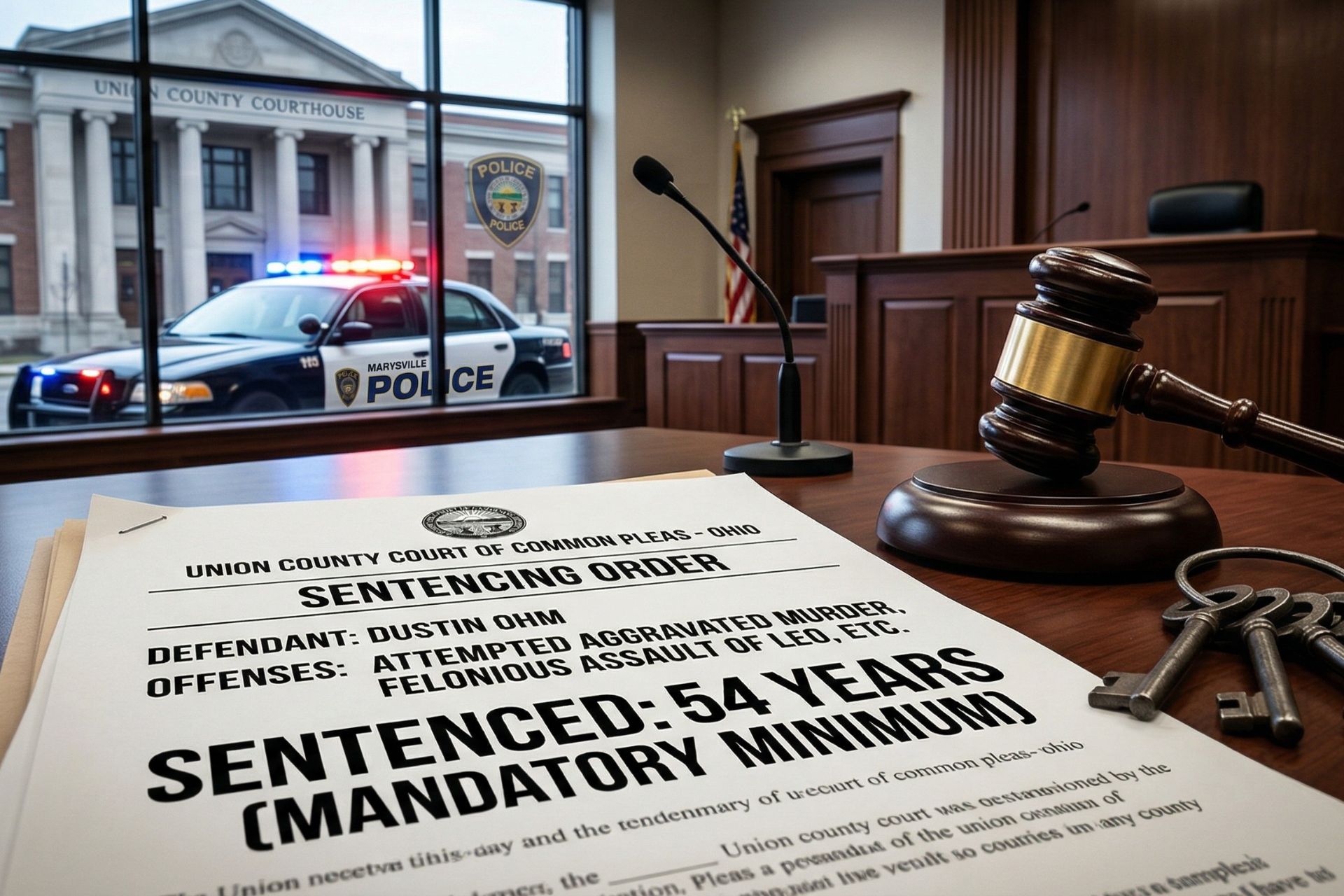 Sentencing order for Dustin Ohm showing a 54-year mandatory minimum sentence next to a judge's gavel, with a Marysville police cruiser visible through a courthouse window.