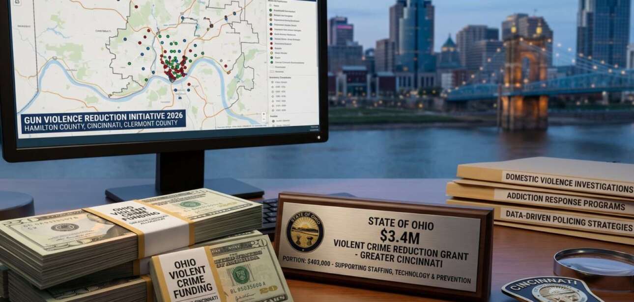 Stacks of cash and a plaque for a $3.4 million Cincinnati violent crime reduction grant in front of a city skyline and crime analysis map.