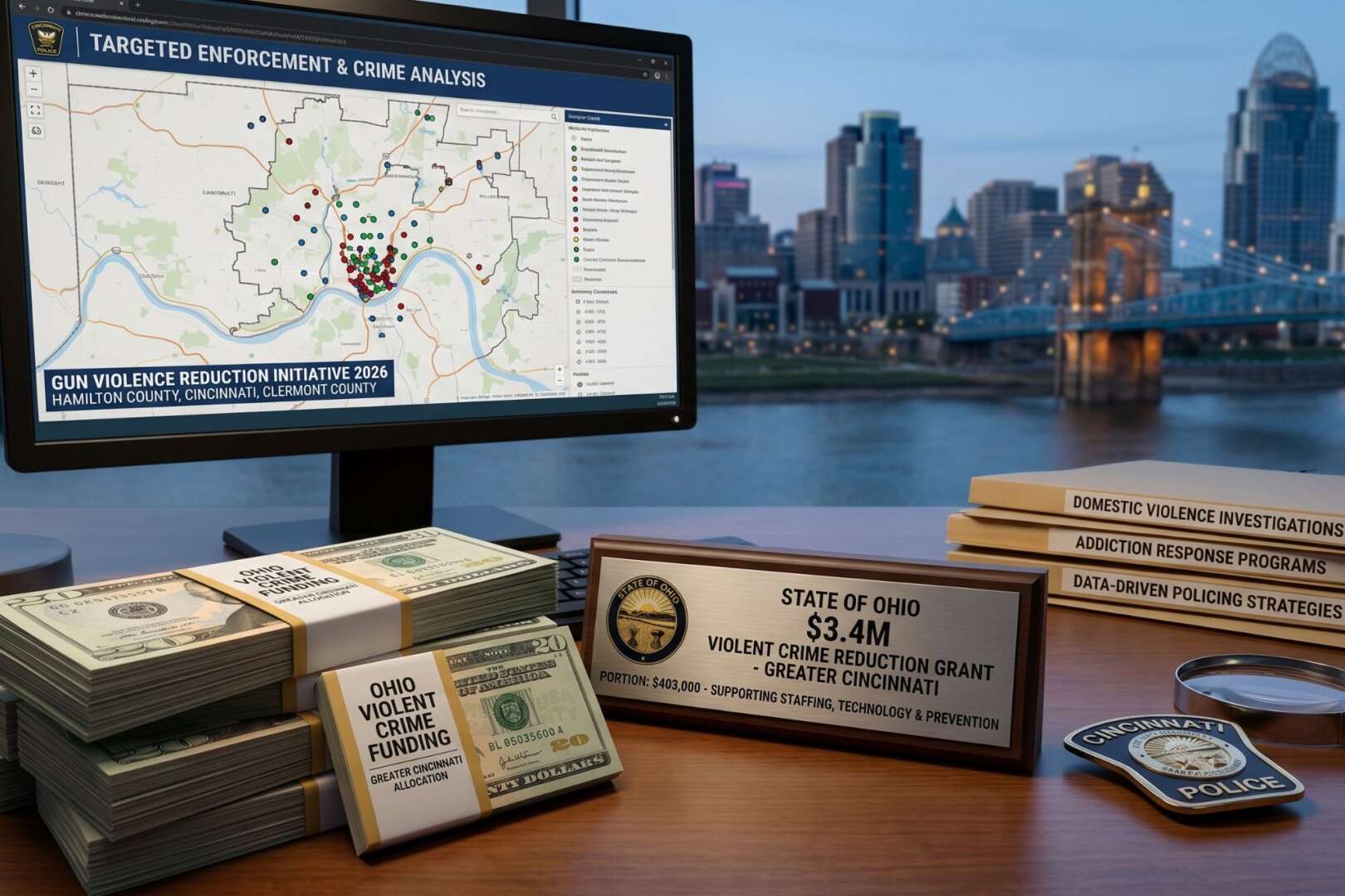 Stacks of cash and a plaque for a $3.4 million Cincinnati violent crime reduction grant in front of a city skyline and crime analysis map.