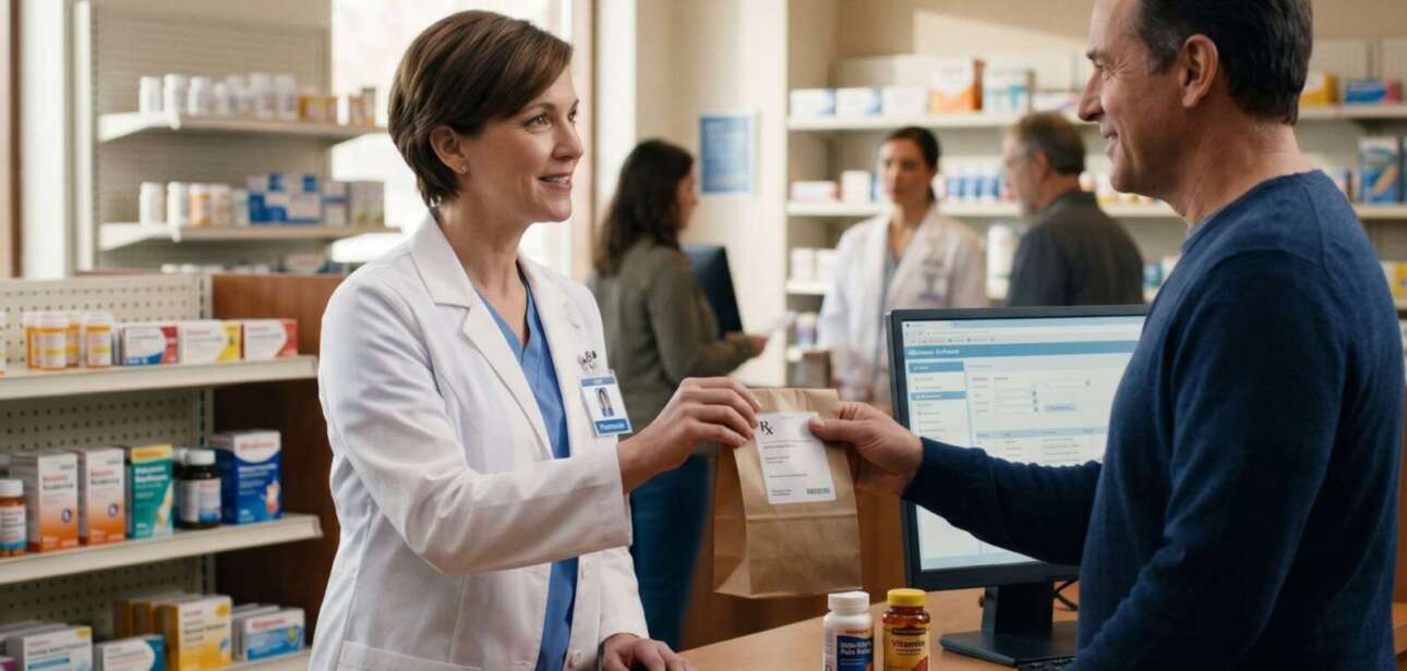 A female pharmacist handing a prescription to a patient at the new Over-the-Rhine health center pharmacy expansion in Cincinnati.