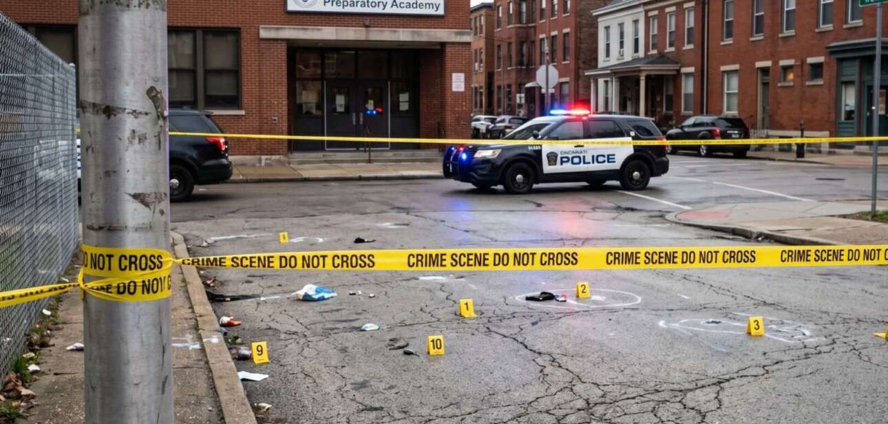 Police crime scene at the intersection of McMicken Avenue and Walnut Street in Over-the-Rhine, Cincinnati, featuring yellow caution tape and evidence markers.