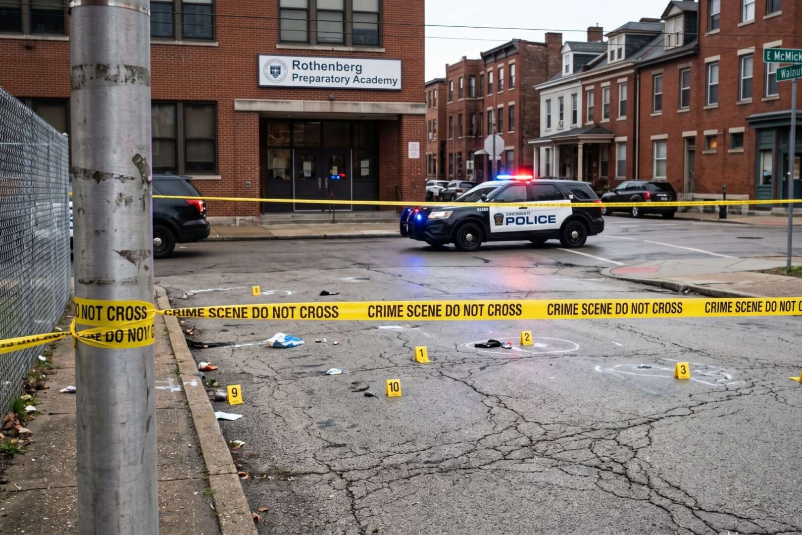 Police crime scene at the intersection of McMicken Avenue and Walnut Street in Over-the-Rhine, Cincinnati, featuring yellow caution tape and evidence markers.