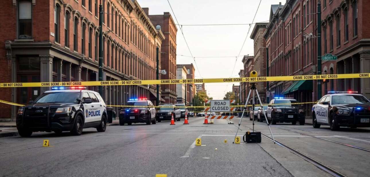 Cincinnati police cars and yellow crime scene tape block Walnut Street in the Over-the-Rhine neighborhood with evidence markers on the ground following a shooting.