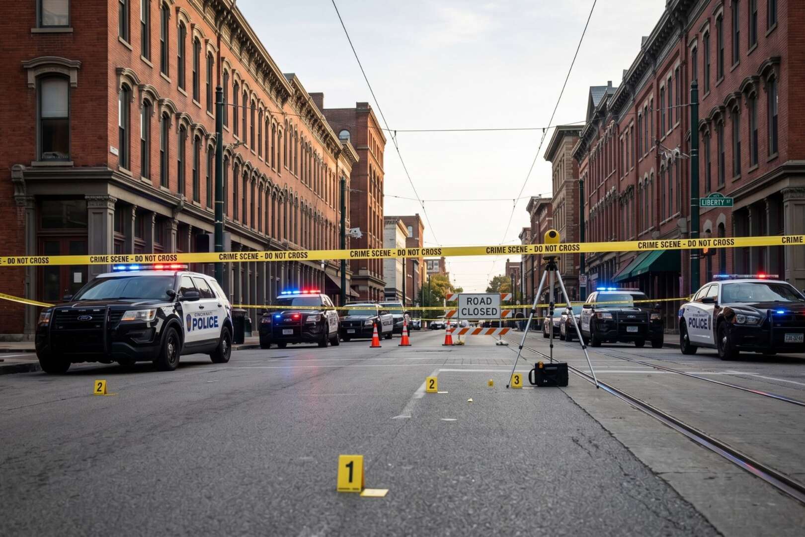 Cincinnati police cars and yellow crime scene tape block Walnut Street in the Over-the-Rhine neighborhood with evidence markers on the ground following a shooting.