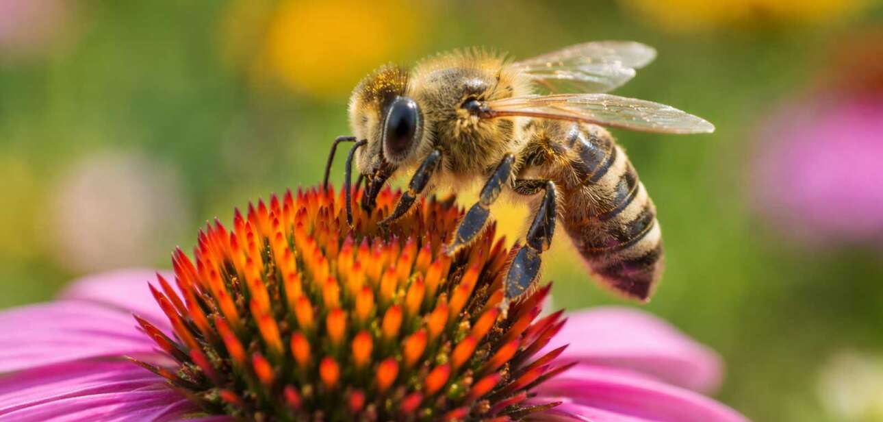 Oxford Bee Festival honeybee collecting nectar from a pink coneflower
