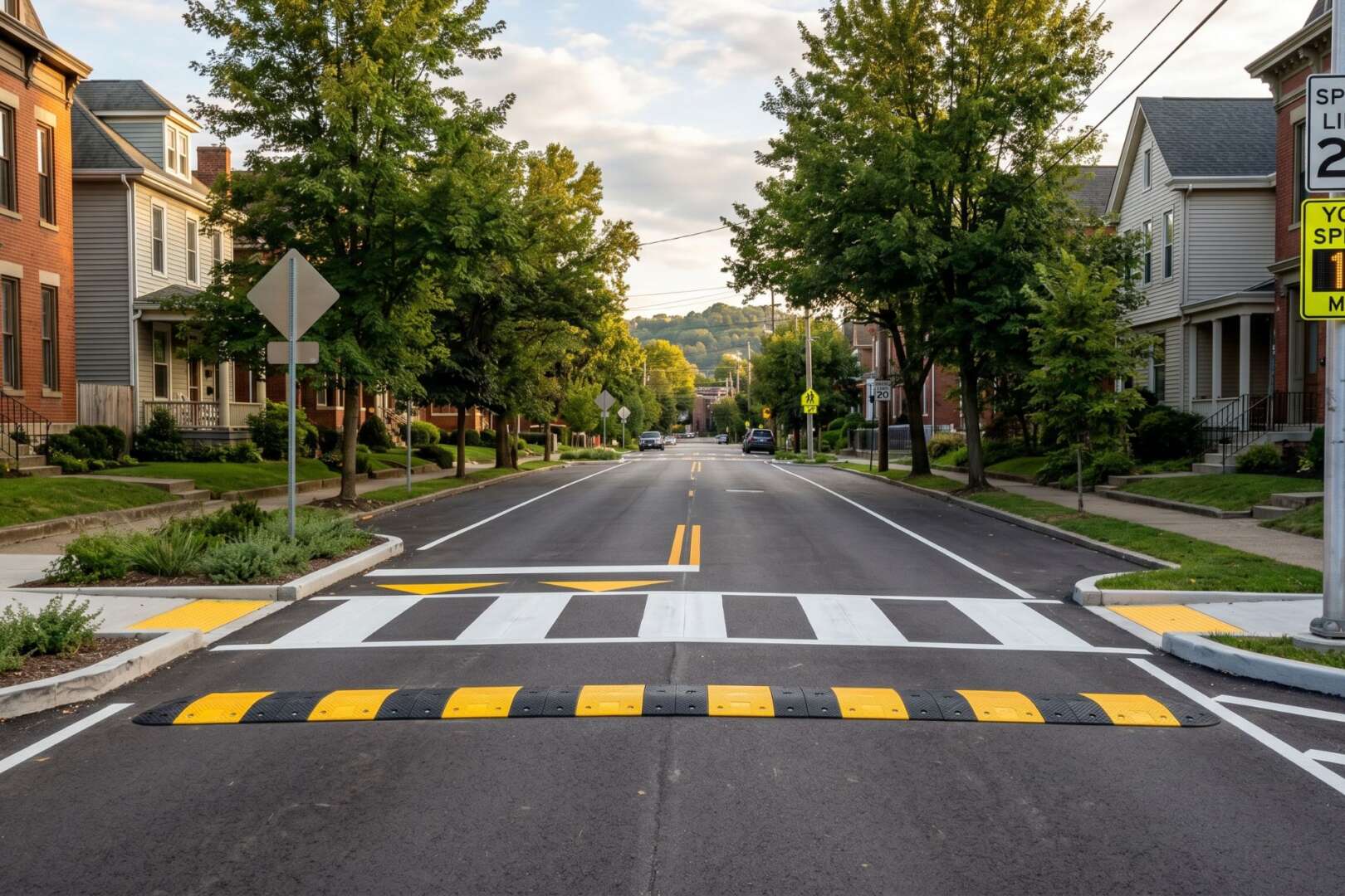 A residential street in Cincinnati featuring a speed hump, zebra-stripe crosswalk, and a 20 mph speed limit sign with an active speed indicator showing 19 mph, illustrating a traffic calming project.