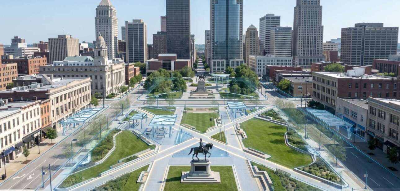 Aerial architectural rendering of the Piatt Park transformation project in downtown Cincinnati, part of 3CDC’s $128 million urban development plan.